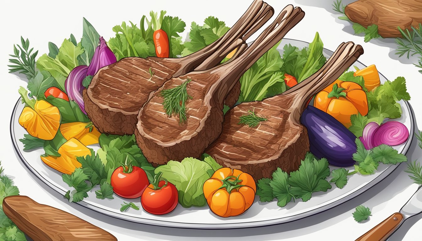 A plate of lamb chops surrounded by colorful vegetables and herbs, with a vibrant background of natural elements like grass and flowers