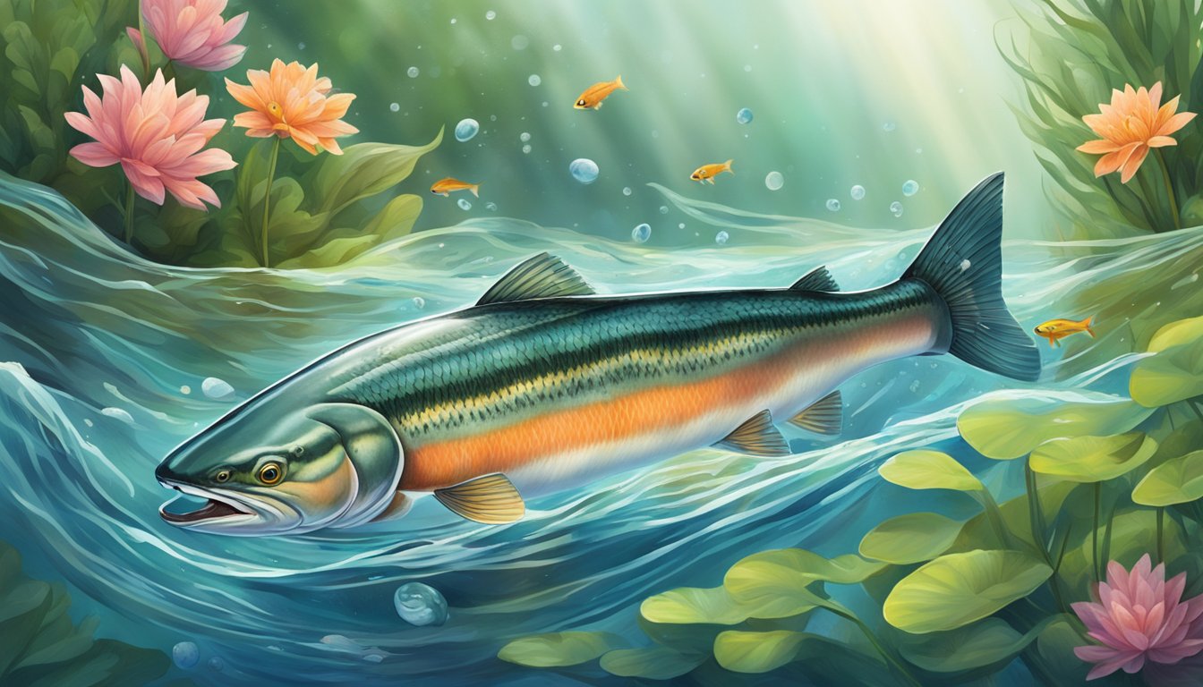 A wild-caught salmon swimming gracefully through clear, flowing water, surrounded by vibrant aquatic plants and small fish