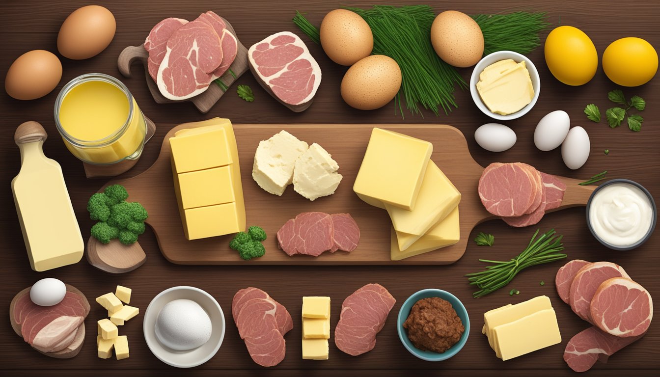 A spread of grass-fed butter surrounded by 9 other carnivore diet friendly foods, such as beef, eggs, and organ meats, arranged on a wooden cutting board