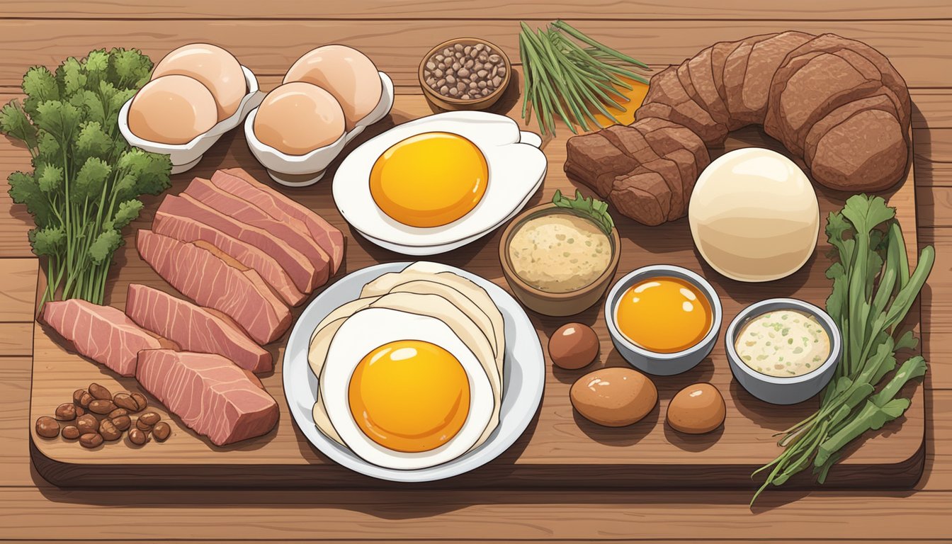 A dozen pastured eggs arranged on a wooden cutting board, surrounded by various carnivore diet-friendly foods like steak, organ meats, and bone broth