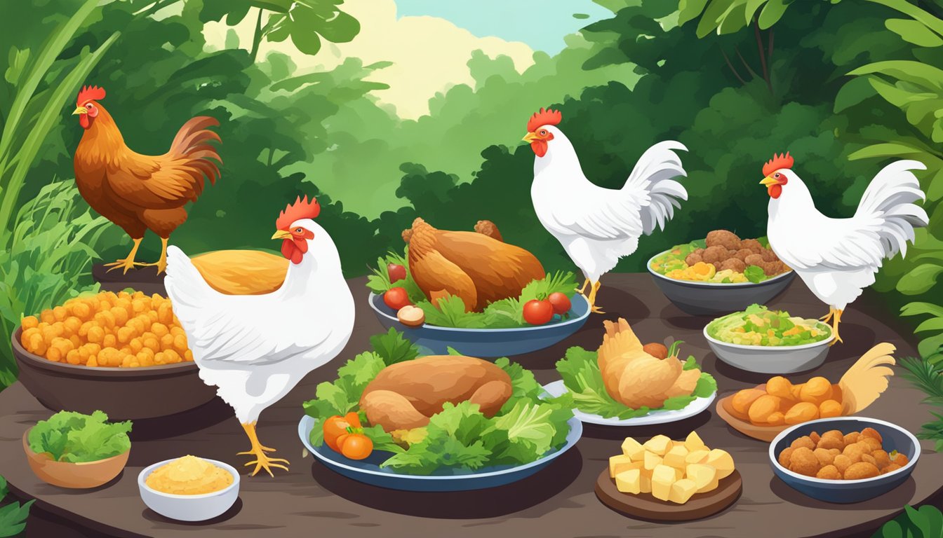 A group of free-range chickens pecking at a variety of carnivore diet friendly foods, set against a backdrop of lush greenery