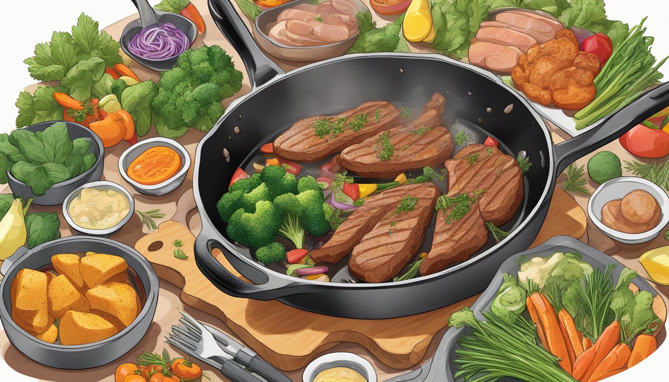 A sizzling skillet with a variety of meats cooking in duck fat, surrounded by colorful vegetables and herbs