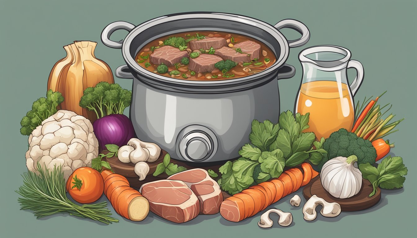 A steaming pot of bone broth surrounded by ingredients like meat, vegetables, and herbs, symbolizing a healthy, carnivore diet for cognitive health