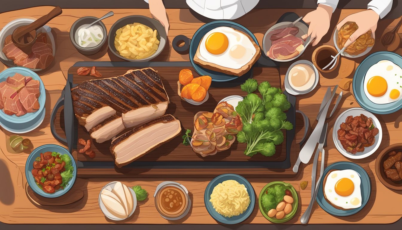 A sizzling pork belly dish surrounded by a variety of carnivore diet friendly foods, such as steak, eggs, and bacon, arranged on a wooden cutting board