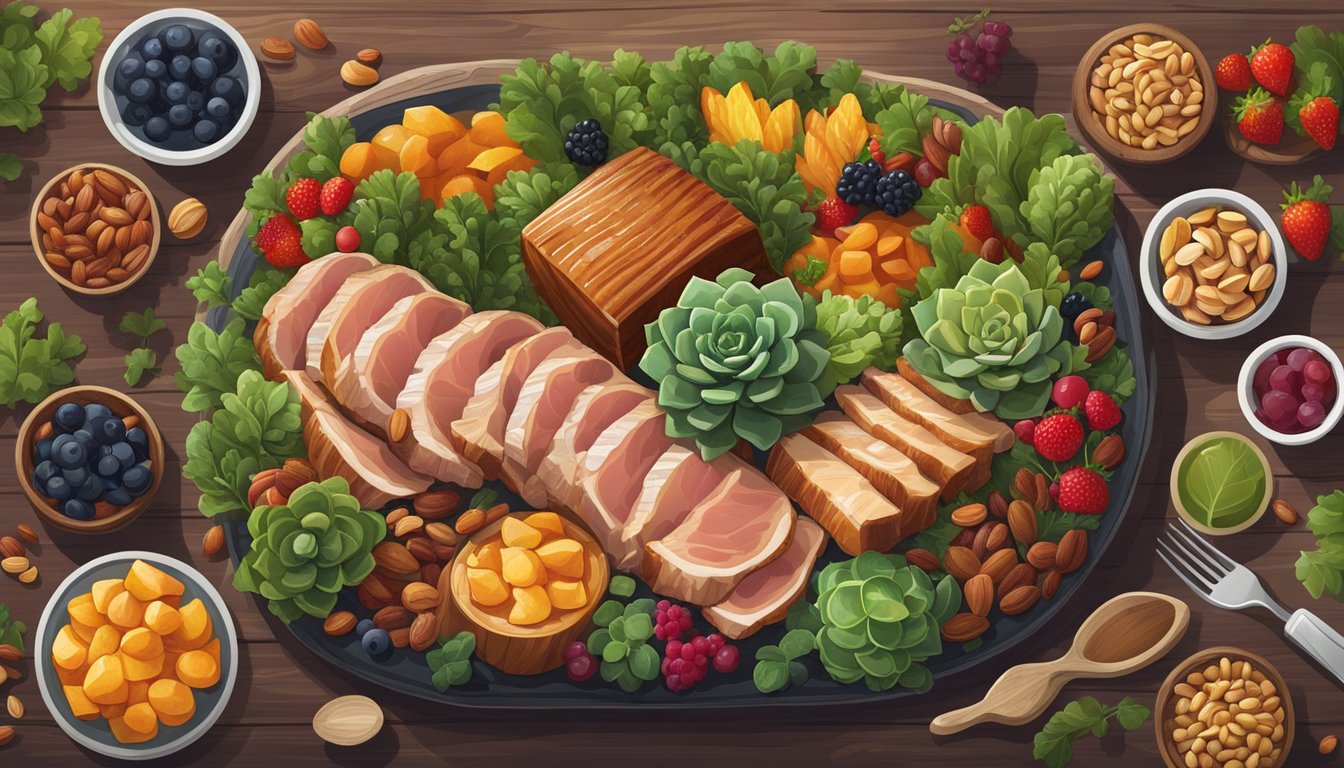 A succulent piece of pork belly surrounded by colorful, nutrient-rich foods like leafy greens, berries, and nuts, all arranged on a rustic wooden table