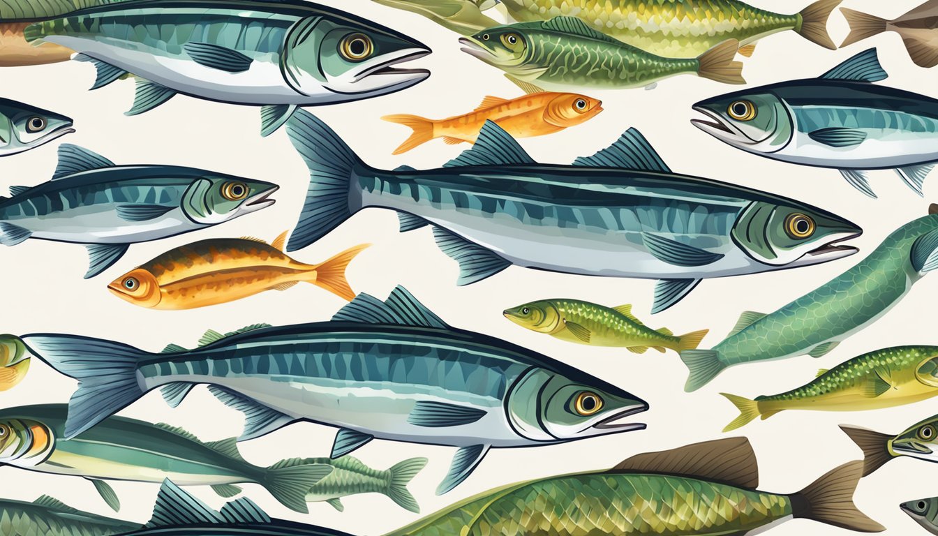 A school of mackerel swimming among a variety of carnivore diet friendly foods, such as meat, fish, and leafy greens, in a vibrant underwater setting