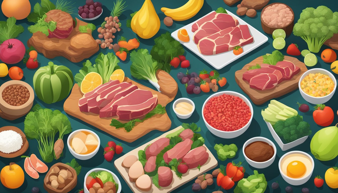 A table with a variety of carnivore diet friendly foods, such as beef, chicken, fish, eggs, and organ meats, surrounded by vibrant fruits and vegetables