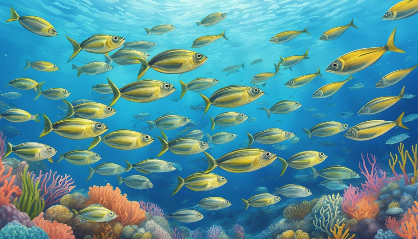 A school of sardines swimming in a clear blue ocean, surrounded by colorful coral and other marine life