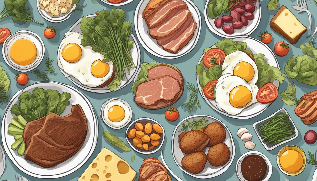 A table lined with 10 plates of carnivore diet friendly foods, surrounded by bright, fresh ingredients like meat, eggs, and cheese