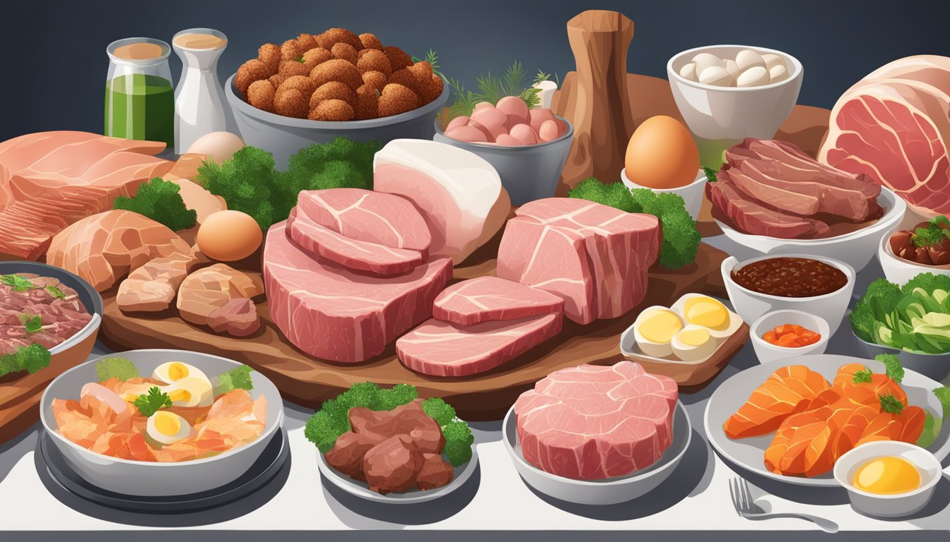 A table with a variety of carnivore diet friendly foods such as beef, pork, chicken, fish, eggs, and organ meats arranged in an appetizing display