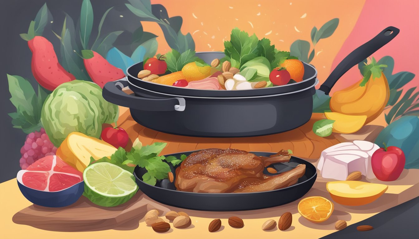 A sizzling pan with various meats and vegetables cooking in duck fat, surrounded by colorful fruits and nuts