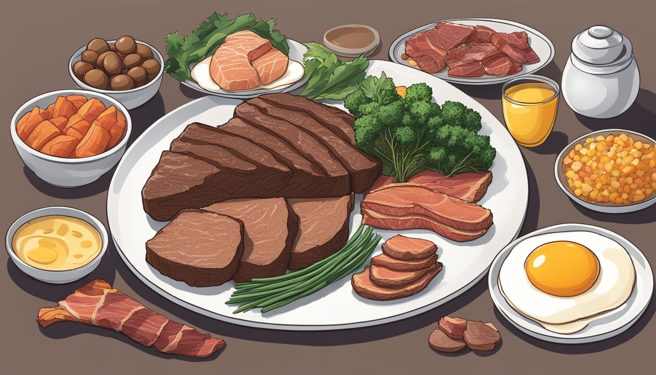 A plate of cooked beef liver surrounded by 9 other carnivore diet friendly foods, such as eggs, salmon, and bacon, arranged in a visually appealing manner