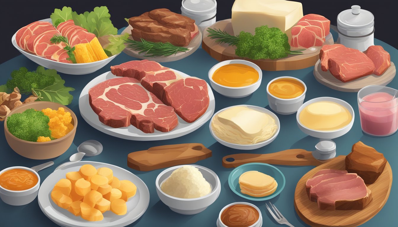 A table with a variety of foods, including beef tallow, meat, and other carnivore diet-friendly options, arranged in an appealing and visually interesting way