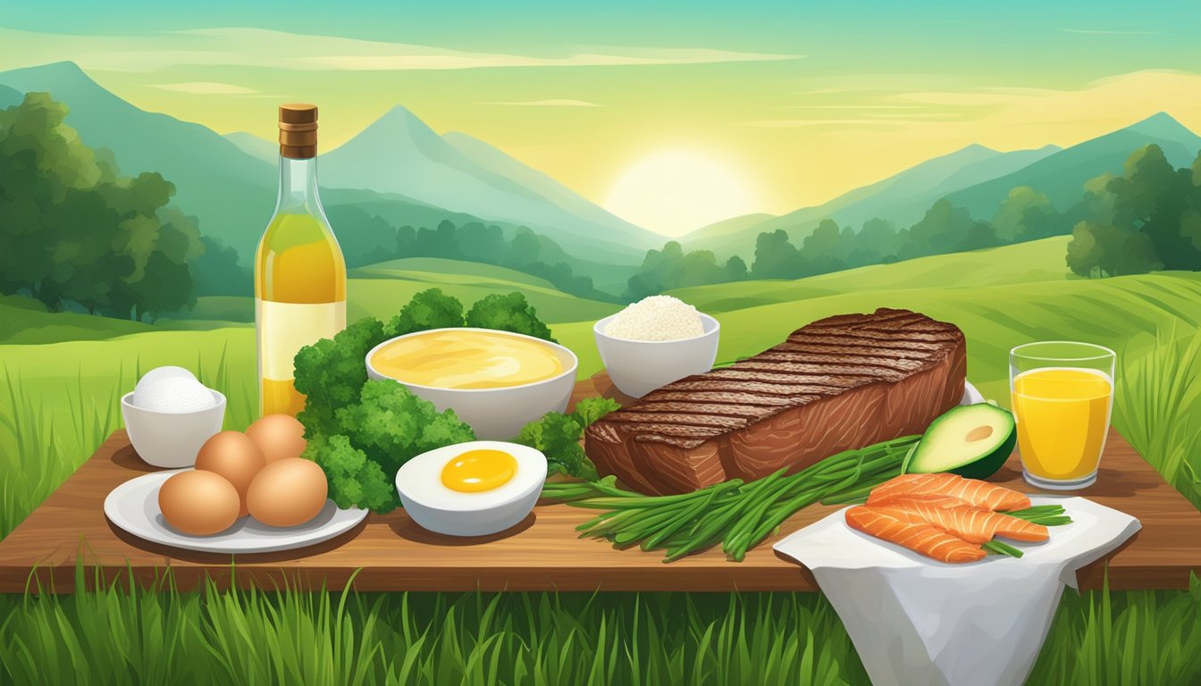 A lush green field with a variety of fresh, whole foods such as steak, eggs, and fish arranged in an appealing display