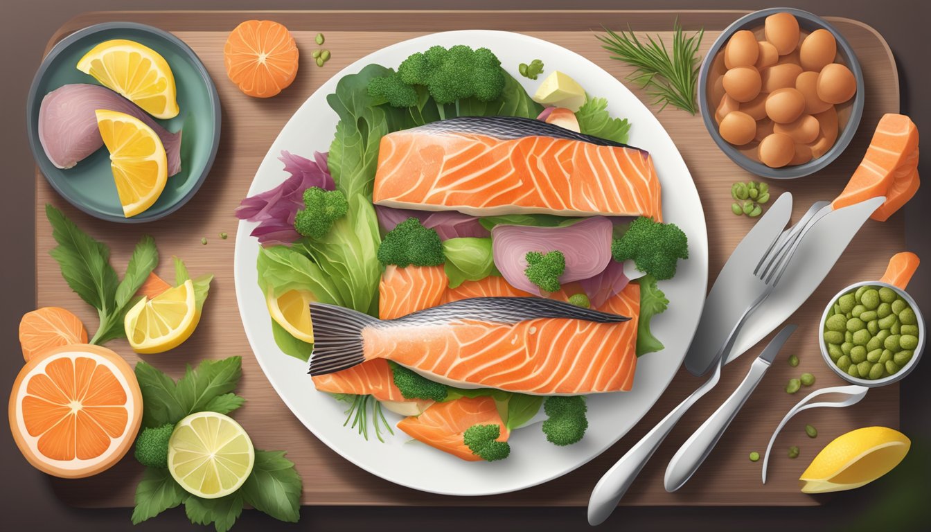 A plate with a variety of carnivore diet-friendly foods, including salmon, arranged in an appealing and balanced manner