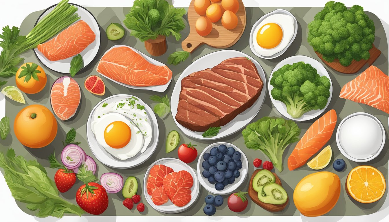 A table set with a variety of carnivore diet friendly foods such as steak, eggs, and salmon, surrounded by vibrant fruits and vegetables