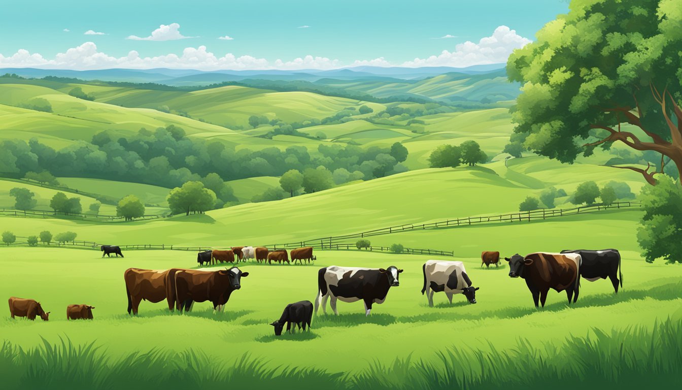 A lush green pasture with grazing cattle, surrounded by rolling hills and clear blue skies