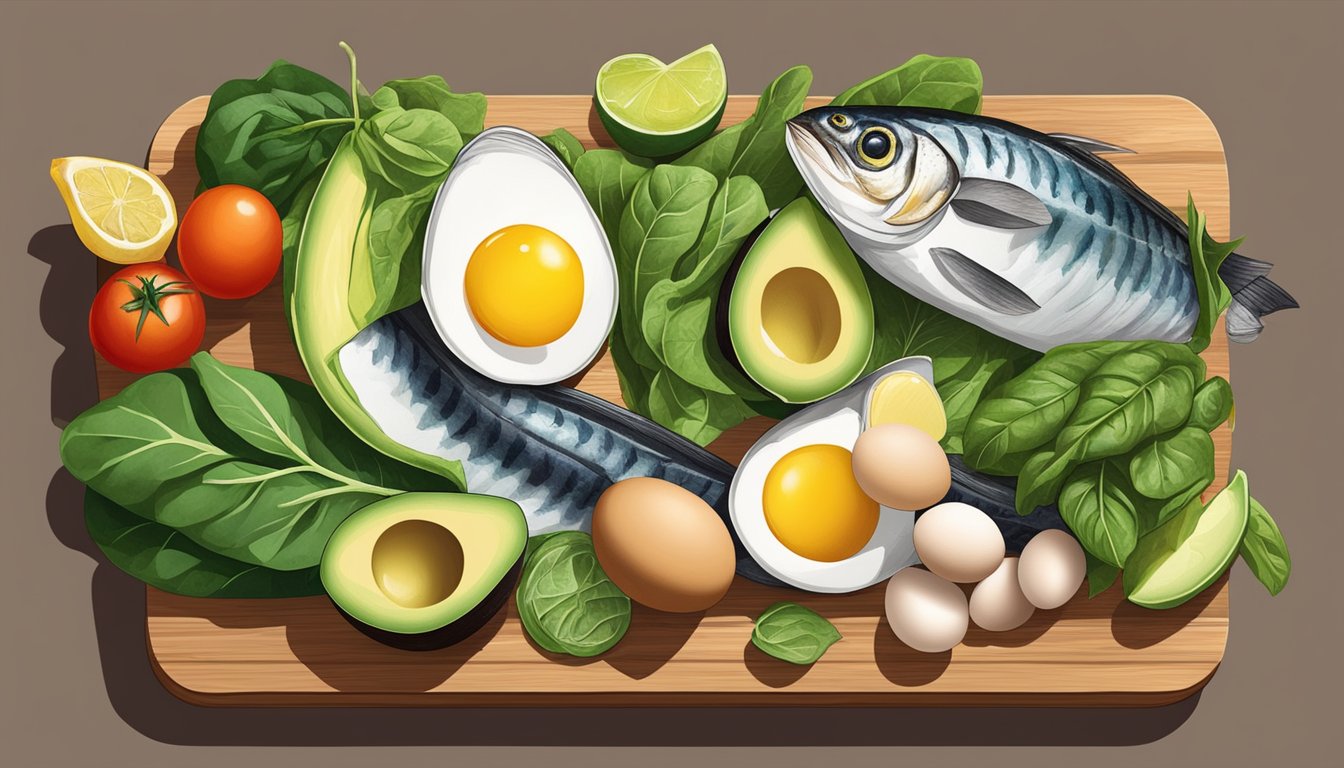 A colorful array of mackerel, eggs, spinach, avocado, and other carnivore diet-friendly foods arranged on a wooden cutting board