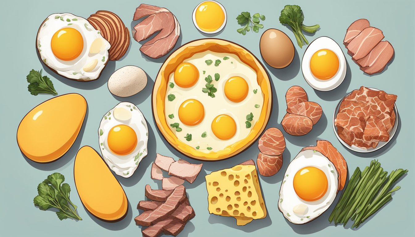 A dozen egg yolks arranged in a circle, surrounded by various carnivore-friendly foods like meat, fish, and cheese