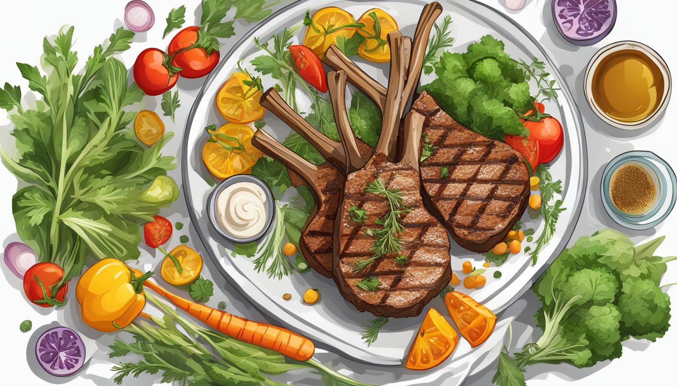 A plate of grilled lamb chops surrounded by colorful vegetables and herbs, with a vibrant and inviting presentation