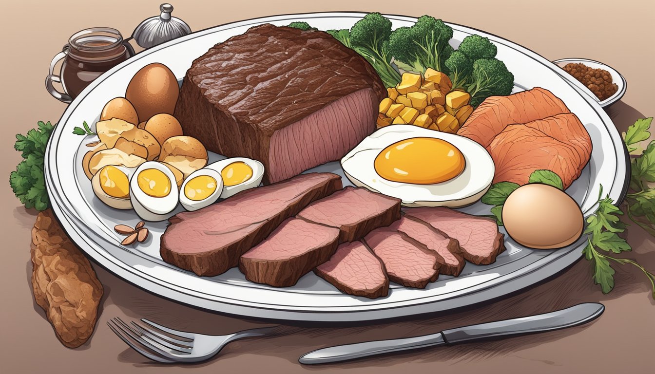 A plate of venison surrounded by 9 other carnivore diet friendly foods, such as eggs, fish, and organ meats, arranged in an appealing and balanced composition