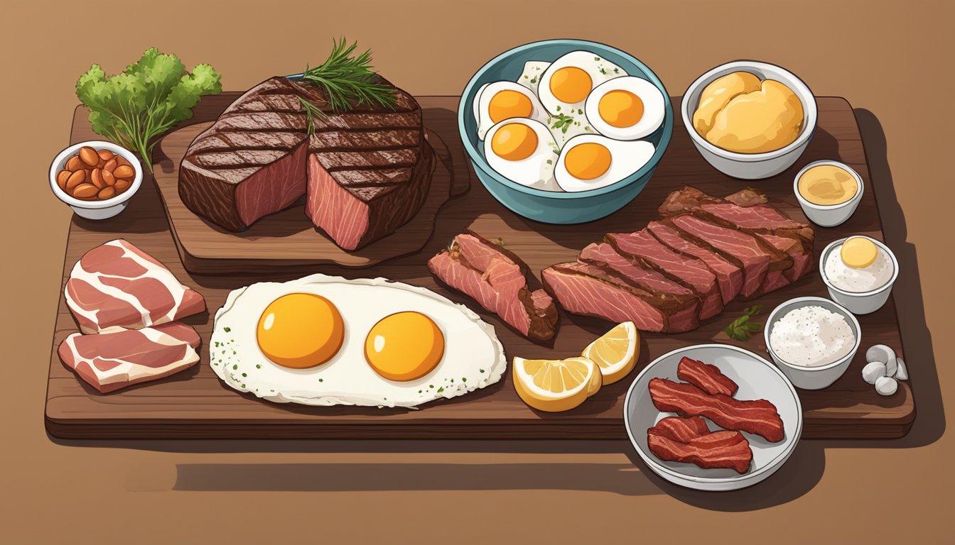 A variety of carnivore diet friendly foods displayed on a wooden cutting board, including steak, eggs, bacon, and fish