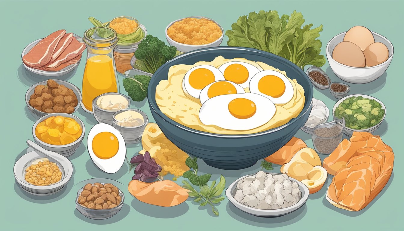 A bowl of egg yolks surrounded by various carnivore diet-friendly foods, with emphasis on lung health benefits