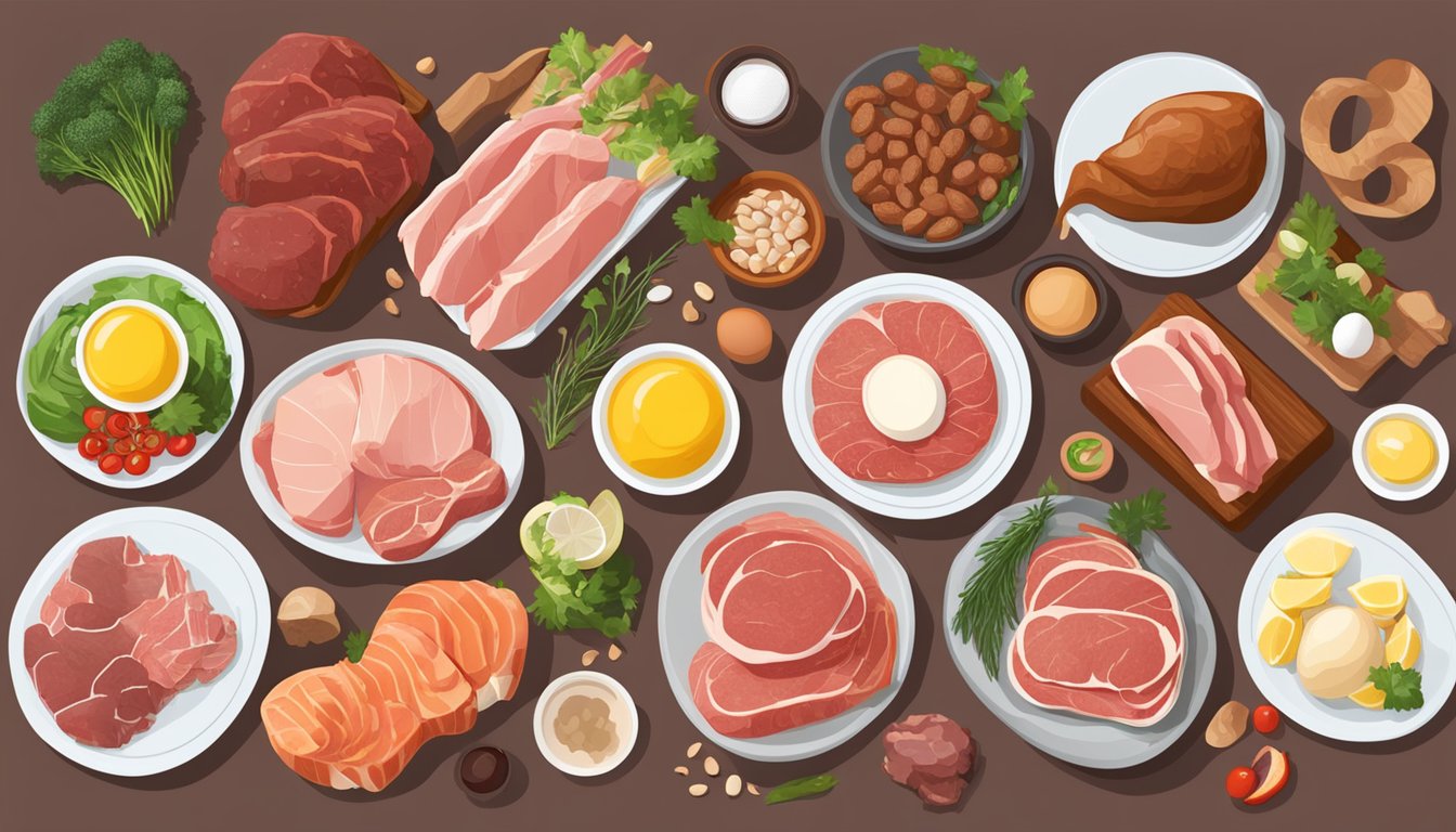 A variety of carnivore diet friendly foods arranged on a table, including red meat, poultry, fish, eggs, and organ meats