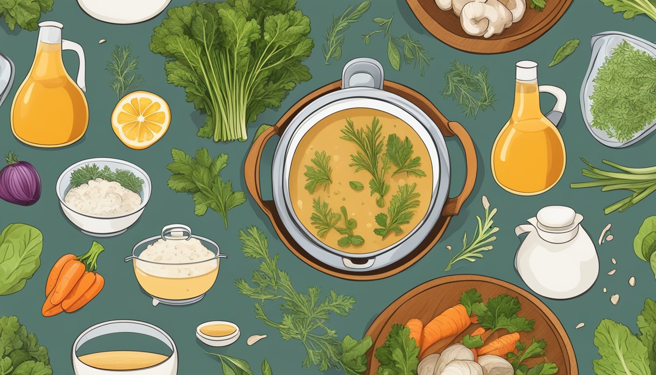 A steaming pot of bone broth surrounded by fresh vegetables and herbs, with a clear emphasis on the ingredients' connection to lung health