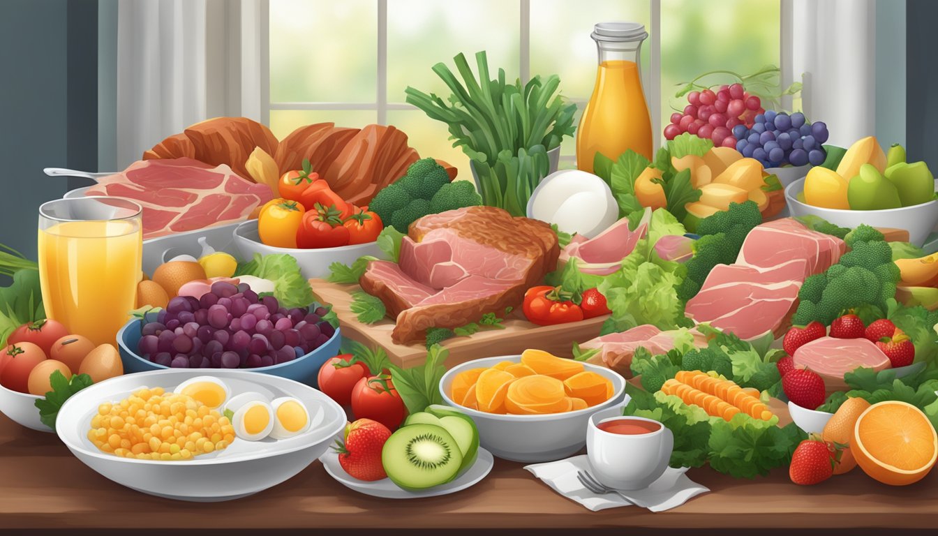 A table set with a variety of carnivore-friendly foods, including meat, fish, eggs, and dairy, surrounded by colorful fruits and vegetables