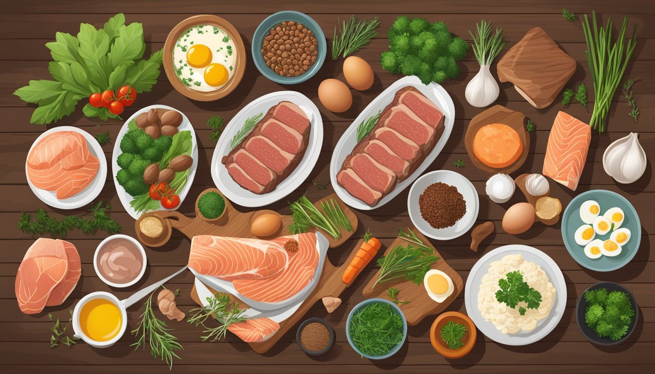 A variety of carnivore diet friendly foods arranged on a wooden table, including steak, eggs, salmon, and liver, with fresh herbs and spices scattered around