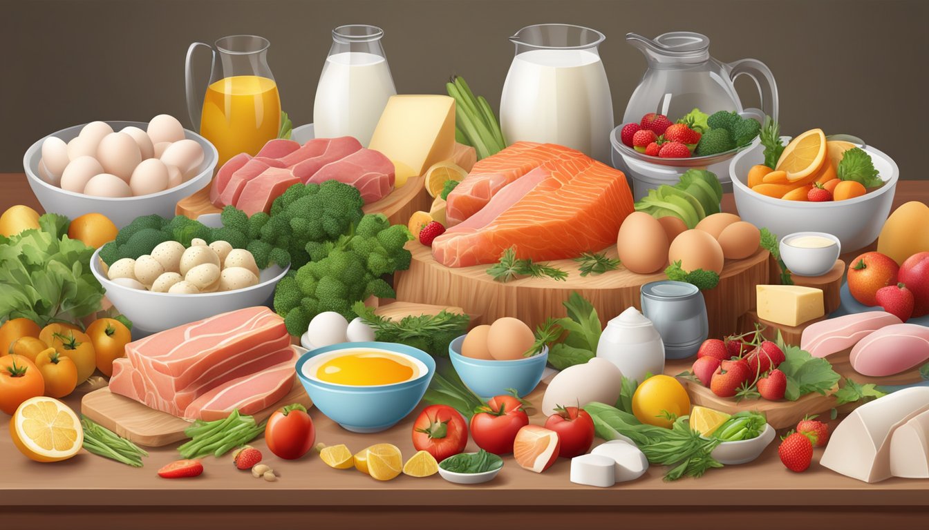 A variety of meats, fish, eggs, and dairy products arranged on a table, surrounded by colorful fruits and vegetables