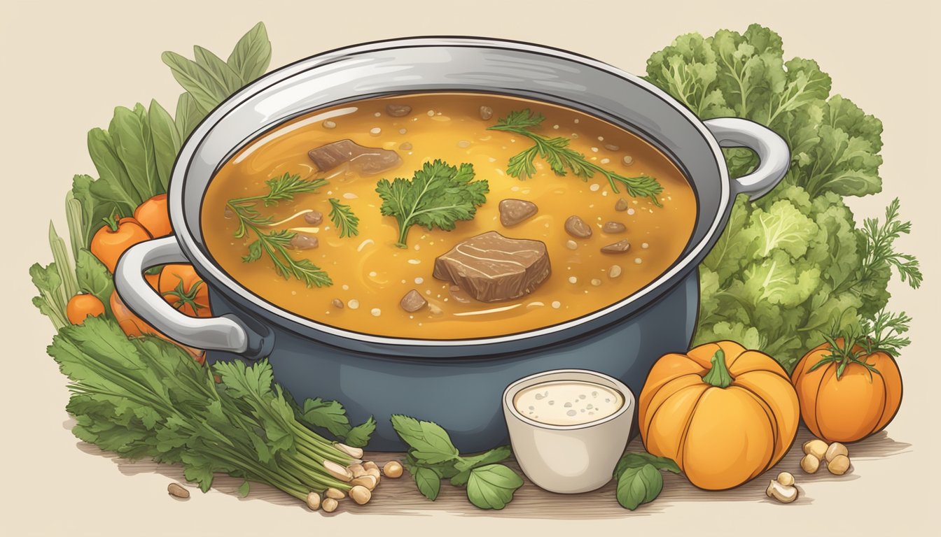 A steaming pot of beef bone broth surrounded by fresh vegetables and herbs, with a focus on the rich, golden liquid