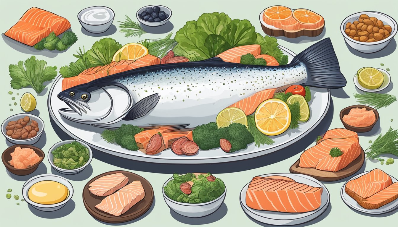 A plate of salmon surrounded by 10 different types of carnivore diet friendly foods, all known for promoting healthy hair