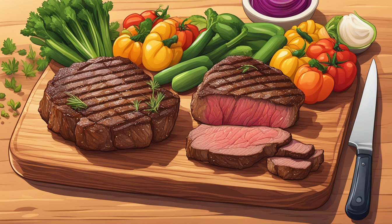 A sizzling grass-fed ribeye steak surrounded by colorful, nutrient-rich vegetables on a wooden cutting board