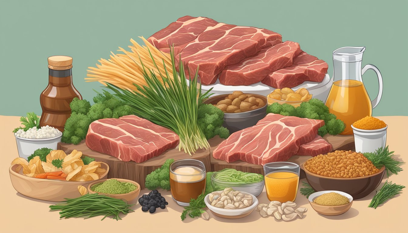 A pile of grass-fed beef tendons surrounded by various joint-friendly foods