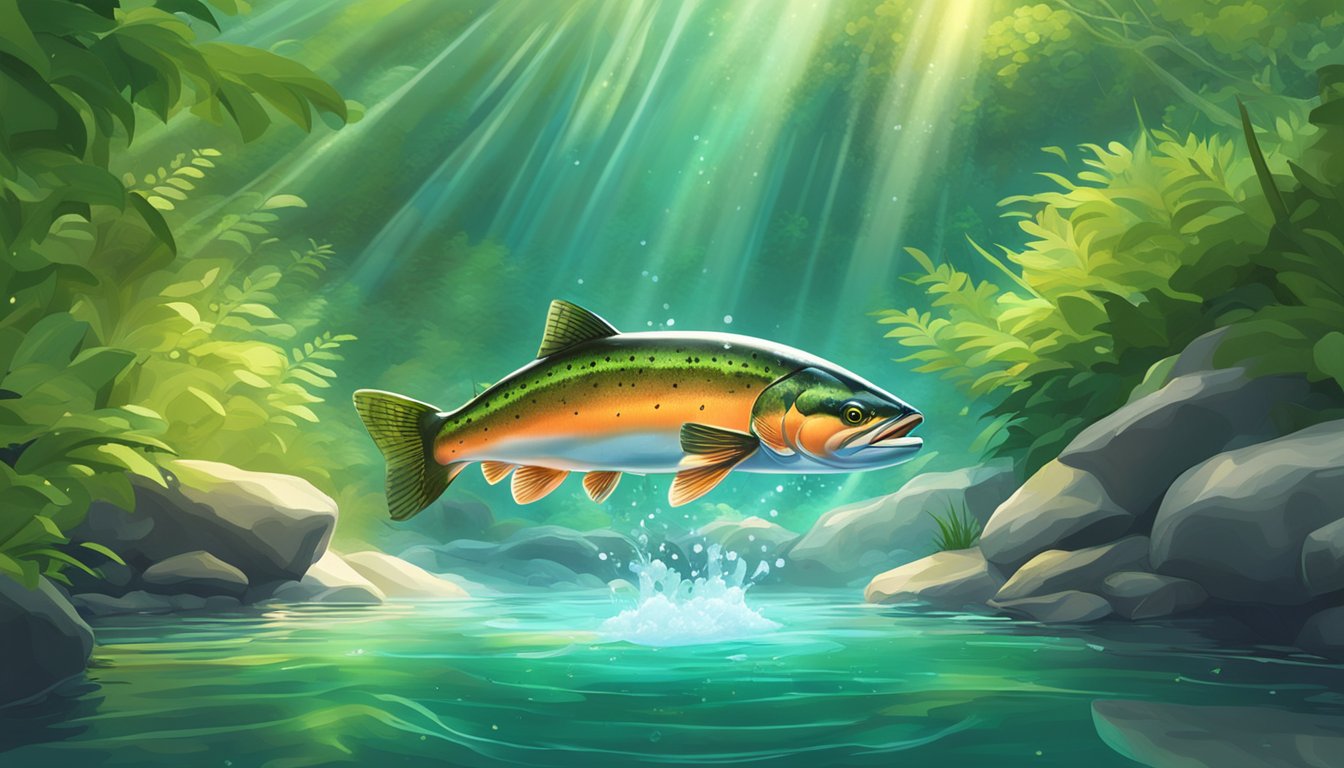 A wild-caught salmon swimming in a clear, flowing stream, surrounded by vibrant green vegetation and sparkling sunlight