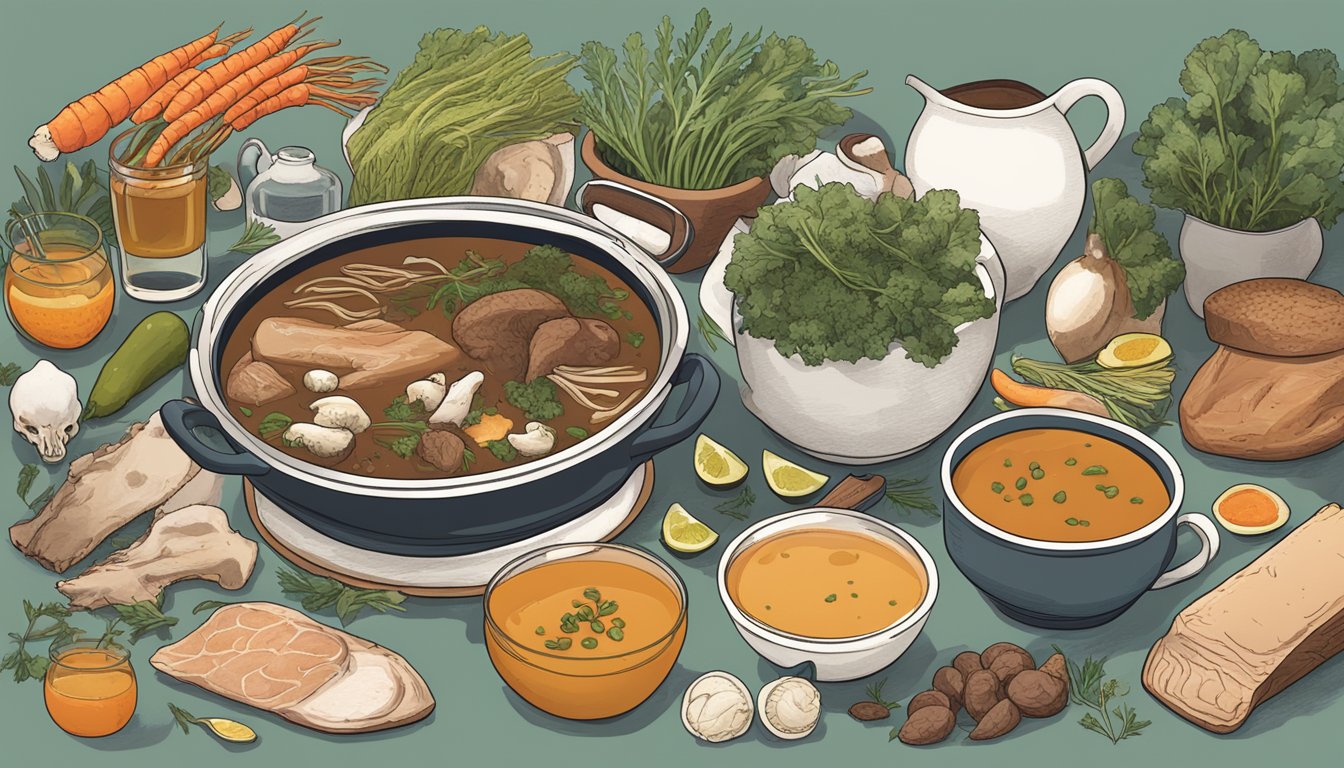 A simmering pot of bone broth surrounded by various carnivore-friendly foods