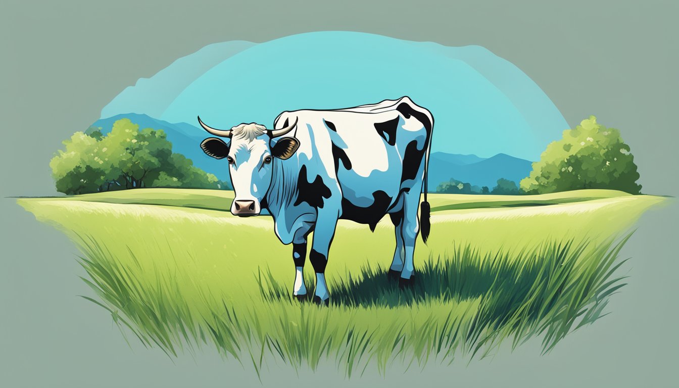 A grazing cow surrounded by lush green grass, with a clear blue sky above