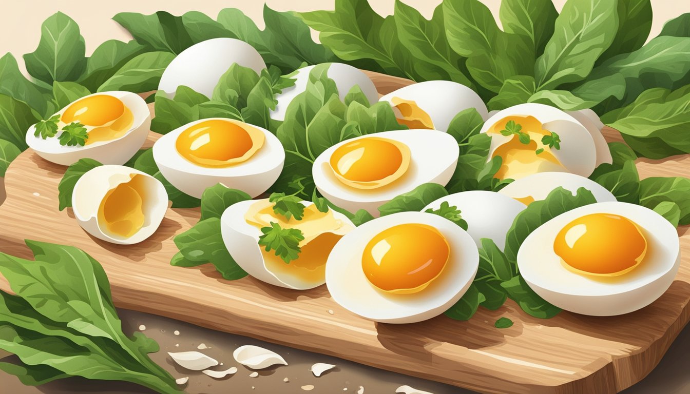 A dozen pasture-raised eggs arranged on a wooden cutting board, surrounded by vibrant green leaves and a few scattered eggshells