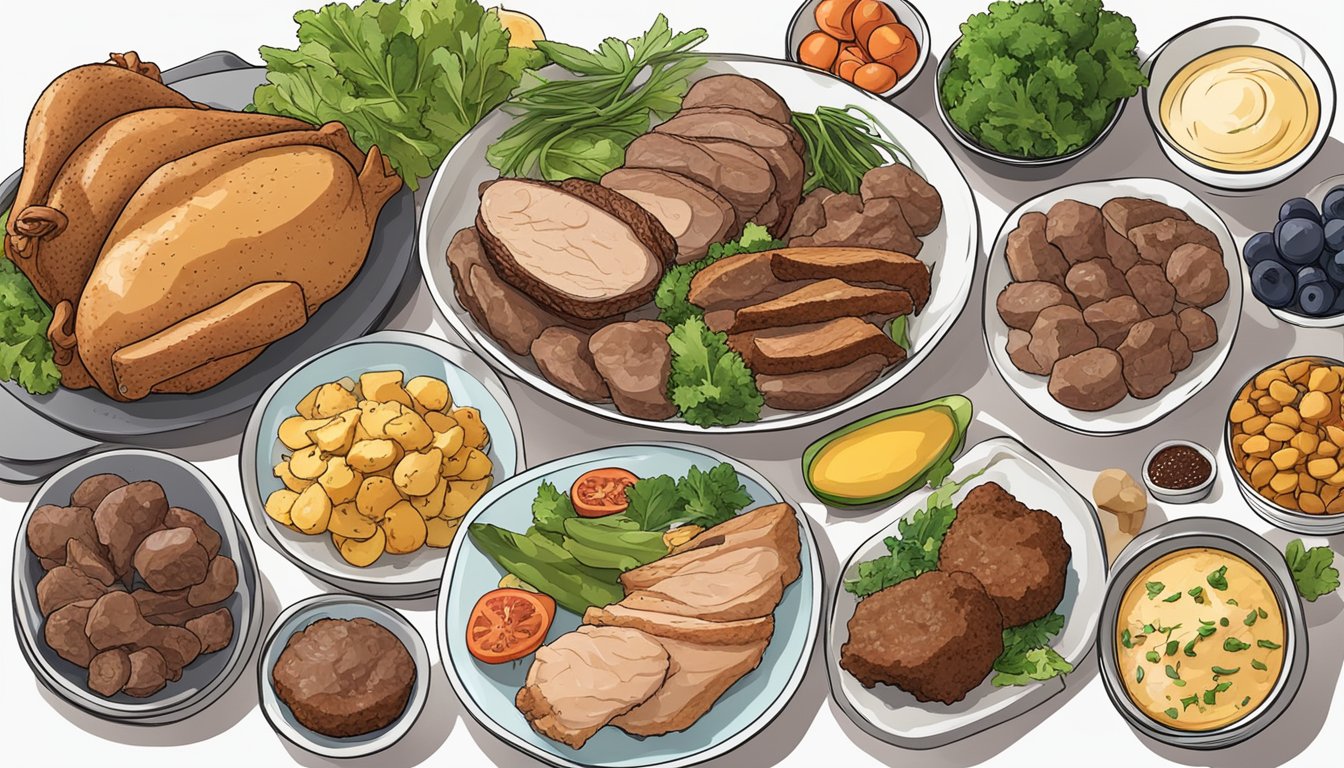 A plate of cooked chicken liver surrounded by 10 different types of carnivore diet friendly foods, all arranged in a visually appealing manner