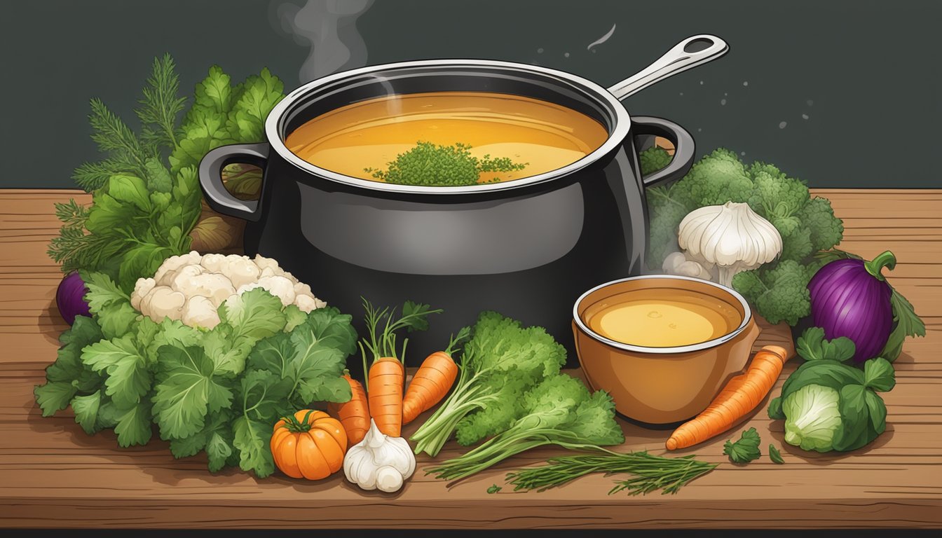 A simmering pot of bone broth surrounded by fresh vegetables and herbs on a rustic wooden table