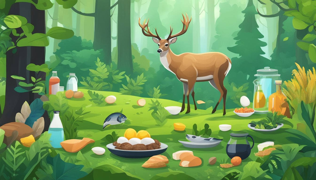 A deer grazing peacefully in a lush green forest, surrounded by other carnivore diet friendly foods such as fish, eggs, and poultry