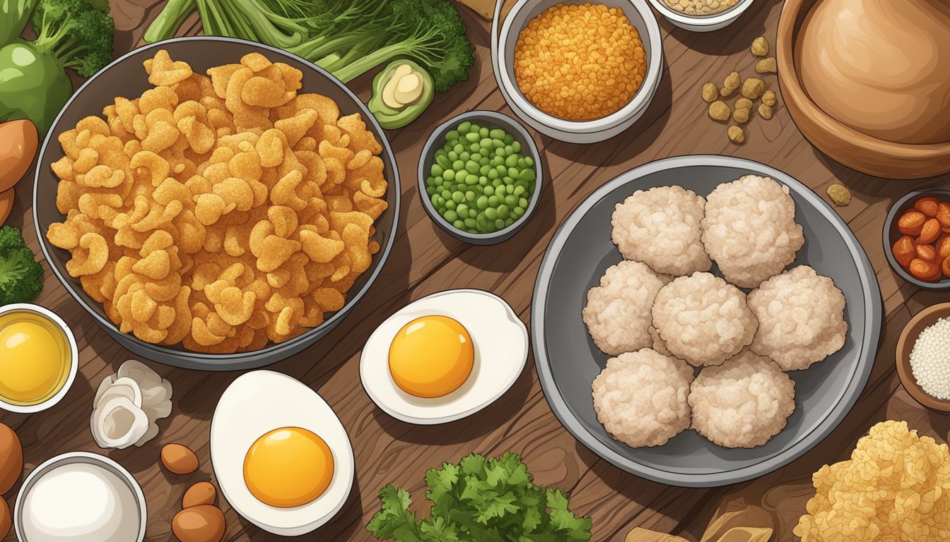 A bowl of pork rinds surrounded by ingredients like eggs, meat, and vegetables, all on a wooden table