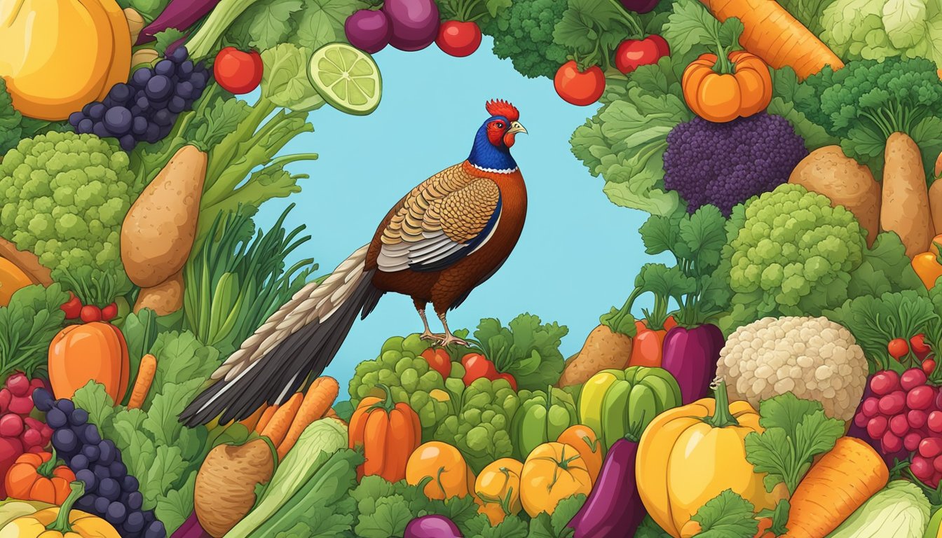 A pheasant breast surrounded by colorful vegetables and fruits, with a background of lush greenery and a clear blue sky