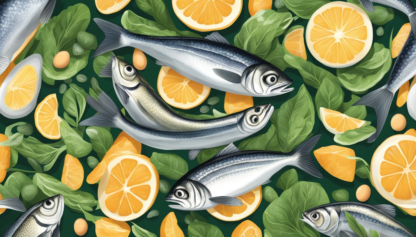 A school of sardines swimming among nutrient-rich foods like eggs, spinach, and salmon