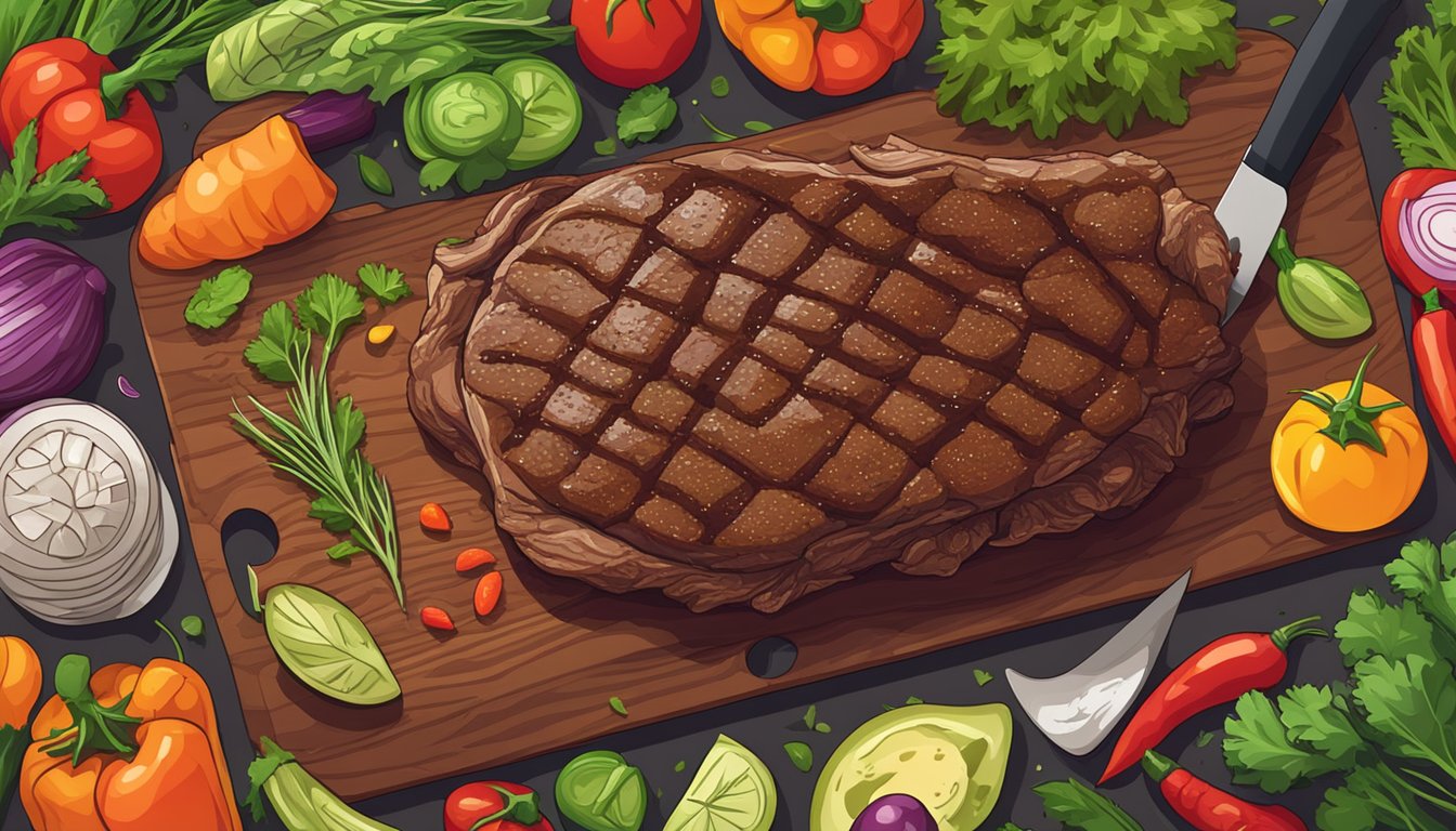 A bison ribeye steak surrounded by colorful vegetables and herbs on a wooden cutting board