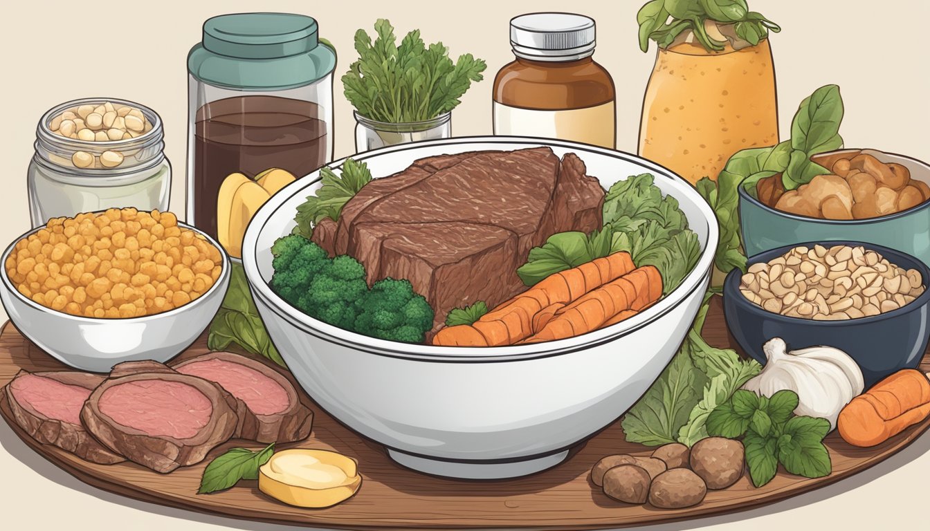 A bowl of beef tallow surrounded by 10 different carnivore diet friendly foods, all known for promoting healthy hair