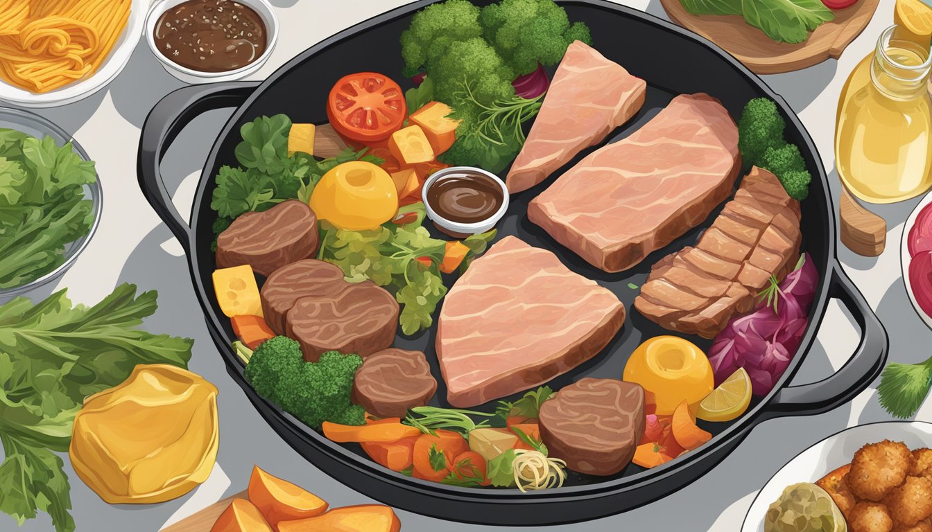 A sizzling skillet of duck fat-cooked meats surrounded by vibrant, nutrient-rich foods known for promoting healthy hair