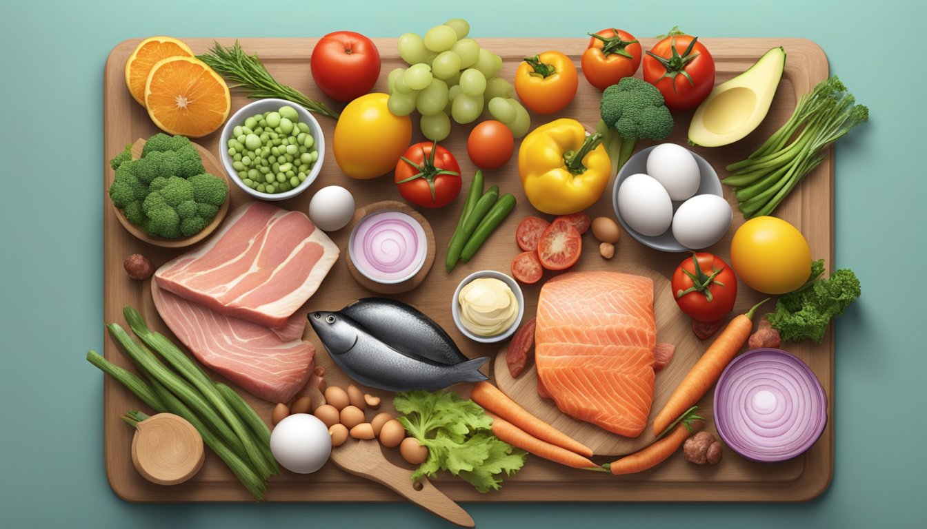 A variety of meats, fish, and eggs arranged on a wooden cutting board, surrounded by colorful vegetables and fruits